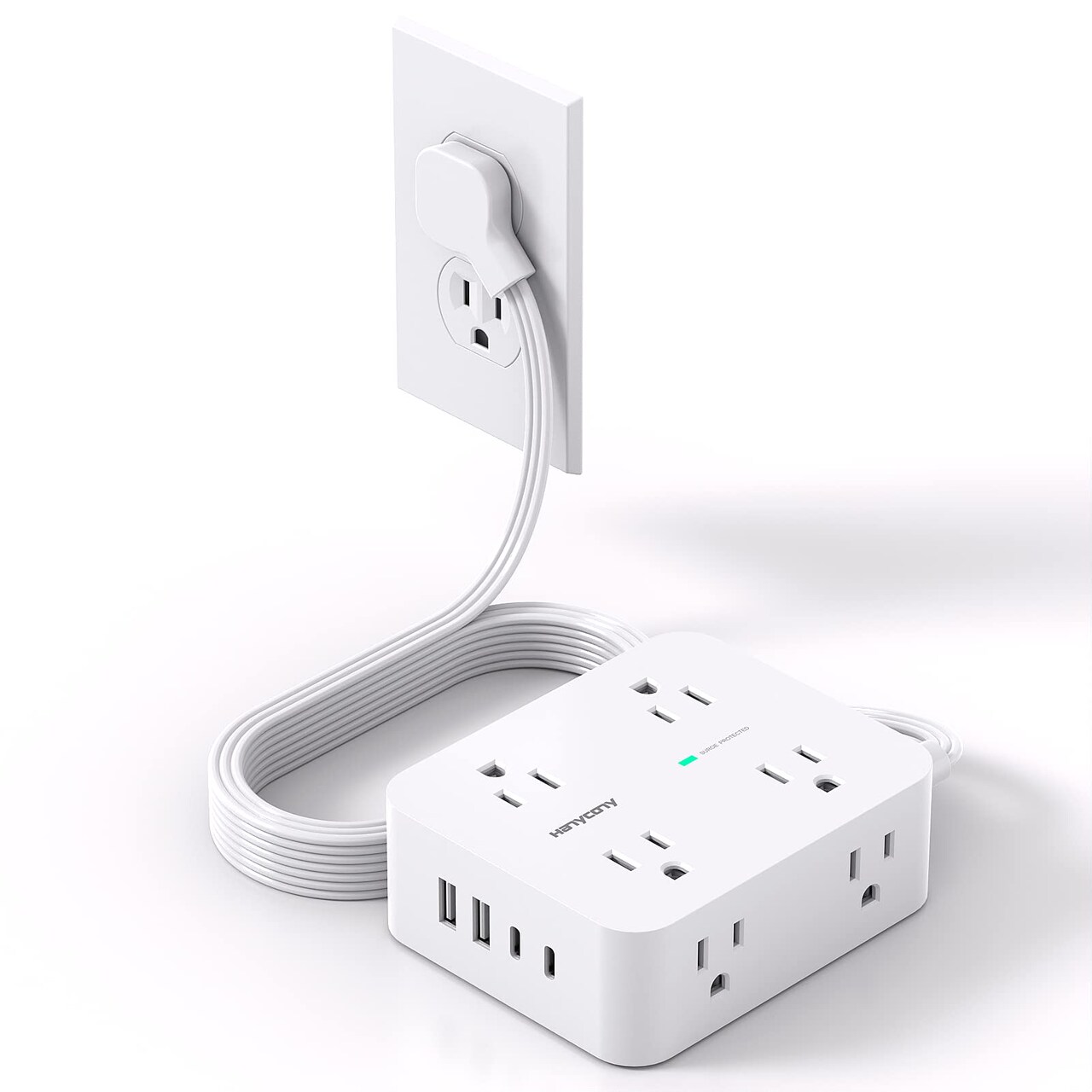 Surge Protector Power Strip, Extension Cord with Multiple Outlets, 5 Ft Ultra Thin Flat Plug 8 Outlets 4 USB Ports(2USB C), 1080J Outlet Extender for Home Office College Dorm Room Essentials
